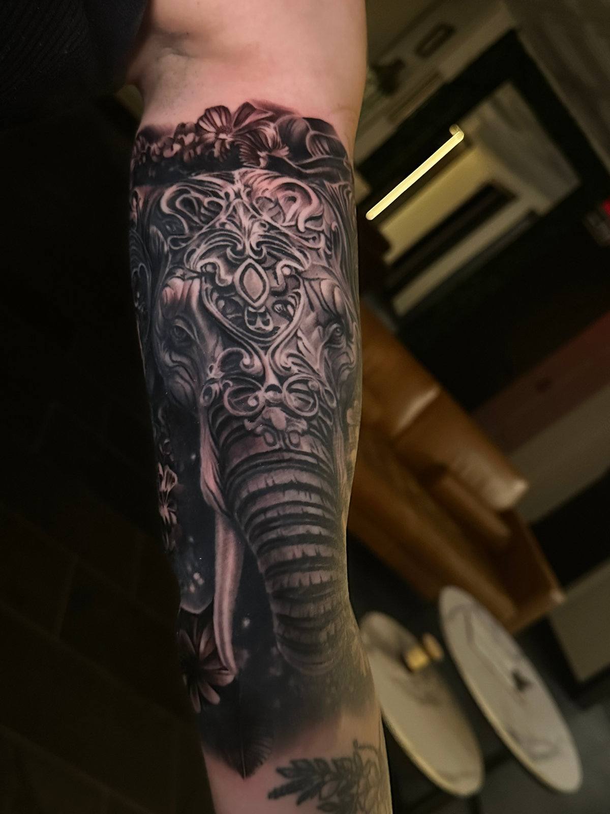 Black & grey · ornamental elephant tattoo by Edwin Santana